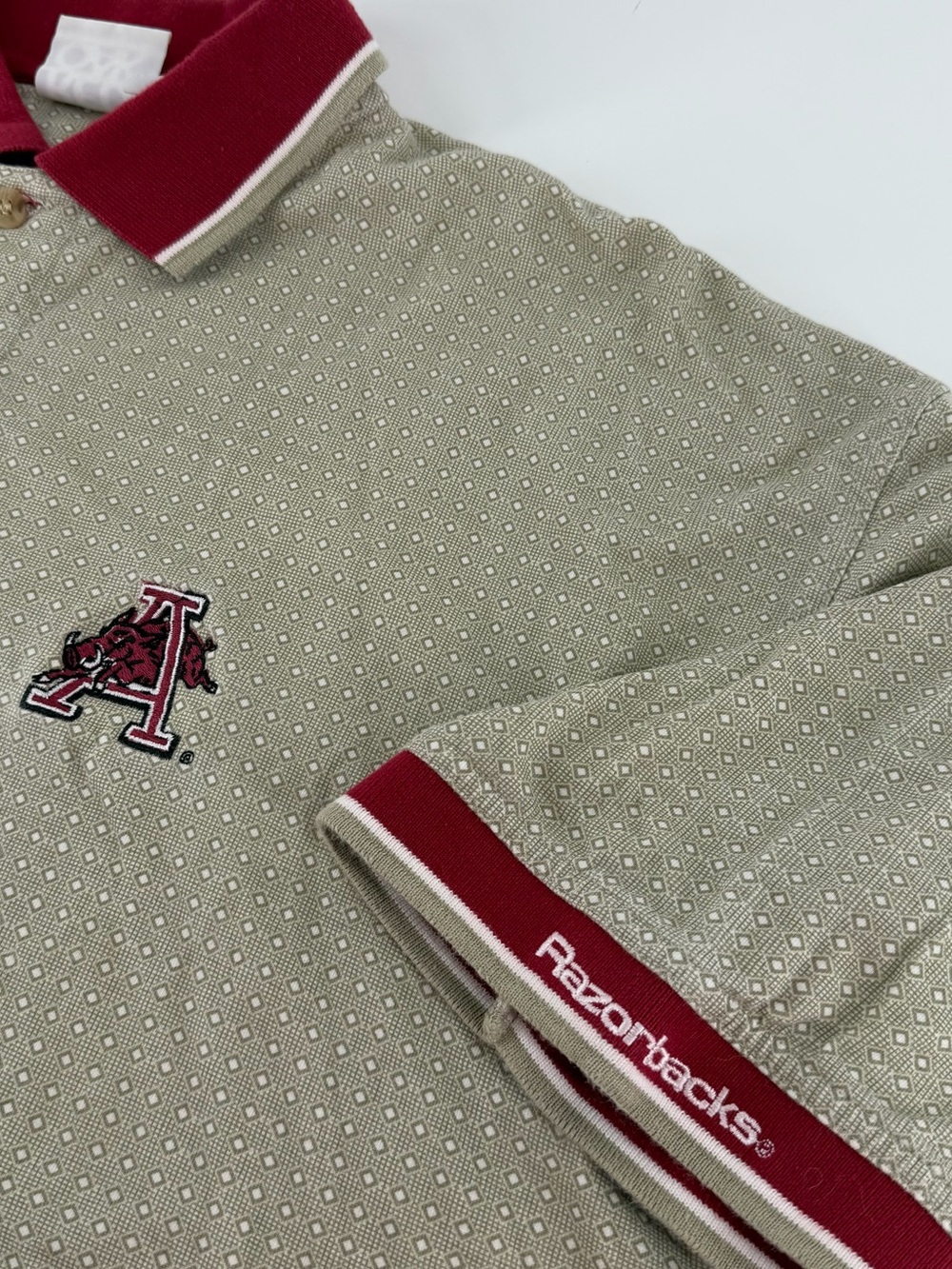 Vintage Red Oak Arkansas Razorbacks Polo Shirt Men XL Beige Crimson Collared WPS
